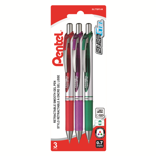 EnerGel Retractable Gel Roller, (0.7mm) Metal Tip, 3PC Pack Assorted