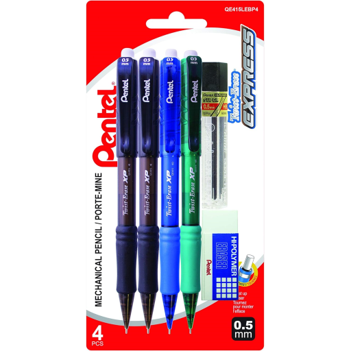 Twist-Erase Express Mechanical Pencils, (0.5mm) Assorted Colours, 4PC Pack with Refill Lead and Eraser