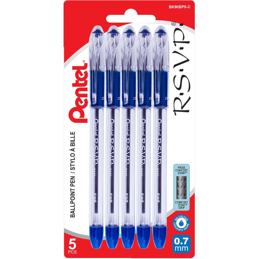 R.S.V.P. Ballpoint Pen, (0.7mm), Blue Ink, 5PC Pack