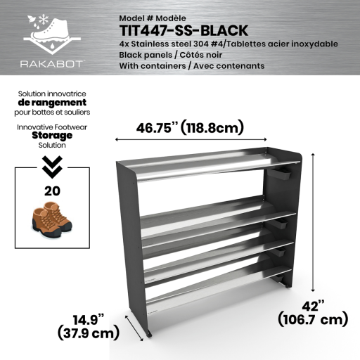 Commercial rustproof shoe and boot rack / 4 Tier / Shelf 46.25" STAINLESS / Mate black panels / Store 20 pairs / Rakabot Titan