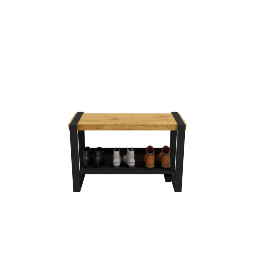 (CUSMA form attached) Sturdy practical entryway bench / 34" wide / HONEY wood stain / Black shelf & frame / Store 3 pairs / Rakabot Moderno