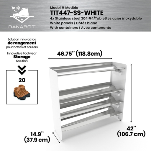 (CUSMA form attached) Commercial rustproof shoe and boot rack / 4 Tier / Shelf 46.25" STAINLESS / Pure white / Store 20 pairs / Rakabot Titan