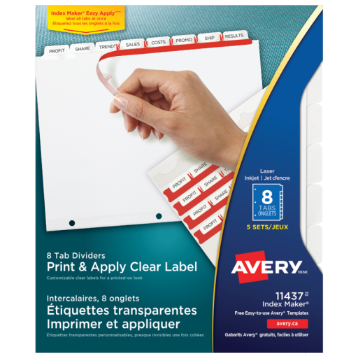 11437 INDEX MAKER CLEAR LABEL DIVIDERS, 8 TAB, 5 SETS, WHITE