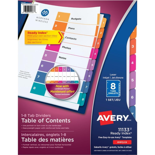 11133 READY INDEX TABLE OF CONTENTS DIVIDERS 8 TAB 1 SET
