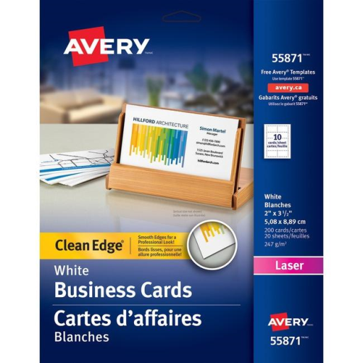 55871 CLEAN EDGE BUSINESS CARDS, WHITE, 2" X 3 1/2", 20 SHEE