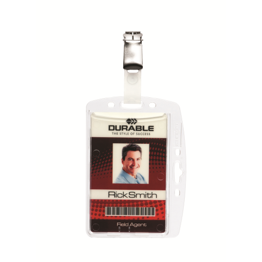 DURABLE Shell-Style ID Badge Holder with Strap Clip, Horizontal Or Vertical Orientation, 2-3/4" x 4", Clear, Pack of 25 (800519)