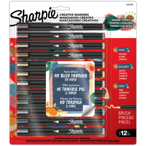 Sharpie Creative Markers, Warm Tones, Water-Based Acrylic Markers, Fine Tip, Assorted Colours, 12 Count