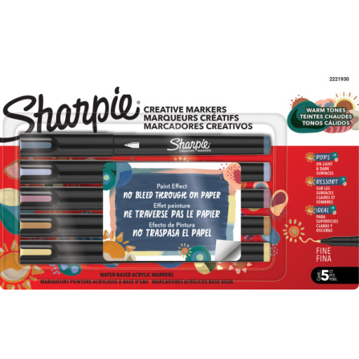 Sharpie Creative Markers, Warm Tones, Water-Based Acrylic Markers, Fine Tip, Assorted Colours, 5 Count