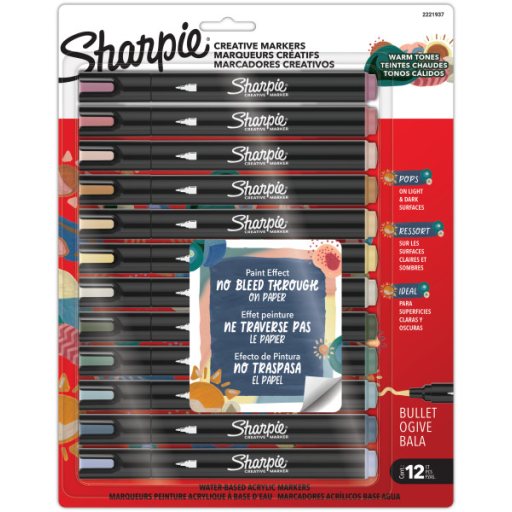 Sharpie Creative Markers, Warm Tones, Water-Based Acrylic Markers, Bullet Tip, Assorted Colours, 12 Count