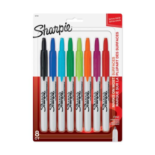 Sharpie Retractable Permanent Markers, Fine Point, Assorted Colours, 8 Count