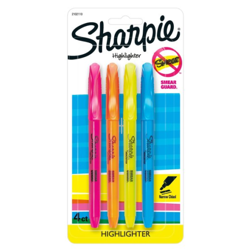 Sharpie Pocket Highlighters, Narrow Chisel Tip, Assorted Colours, 4 Count