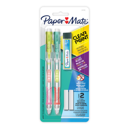 Paper Mate Clearpoint Mechanical Pencil, Break-Resistant, Colour Block Edition, HB #2 Lead (0.7mm), Includes Eraser and Lead Refills, 5 Piece Set