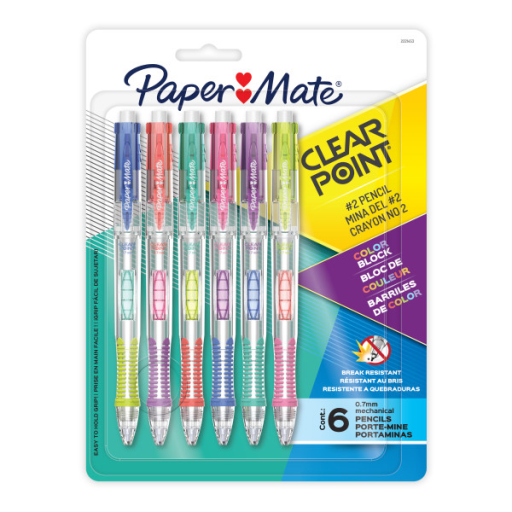 Paper Mate Clearpoint Mechanical Pencil, Break-Resistant, Colour Block Edition, HB #2 Lead (0.7mm), 6 Count