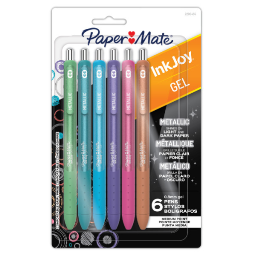 Paper Mate InkJoy Gel Pens, Metallic Pens, Retractable, Medium Point (0.8 mm), Assorted Colours, 6 Count