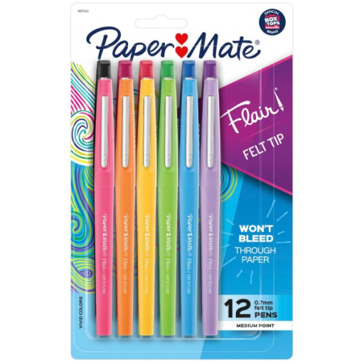 Paper Mate Flair Felt Tip Pens, Medium Point (0.7mm), Assorted Colours, 12 Count