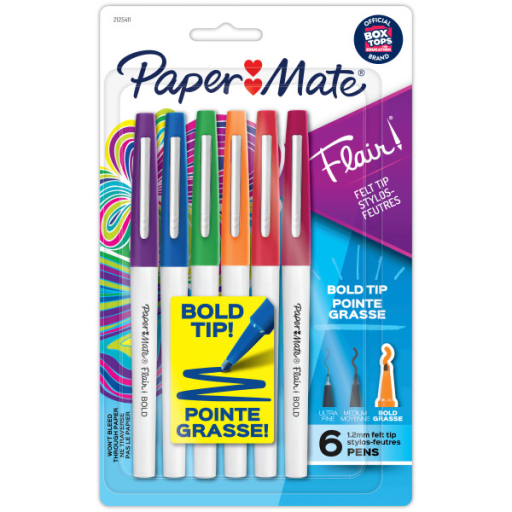 Paper Mate Flair Pens, Felt Tip Pens, Bold Tip (1.2 mm), Assorted Colours, 6 Count