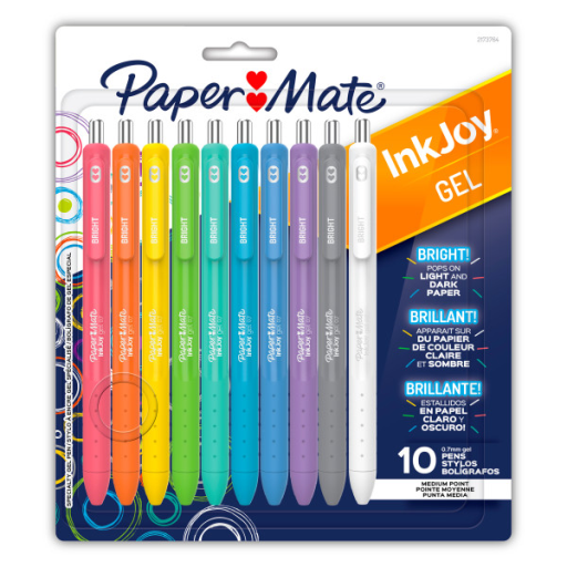 Paper Mate InkJoy Bright Pens, Gel Pens with Paint-like Ink, Medium Point (0.7 mm), Retractable, Assorted Brighter Colours, 10 Count