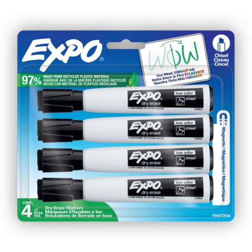 EXPO Magnetic Dry Erase Markers with Eraser, Black, Chisel Tip, 4 Count