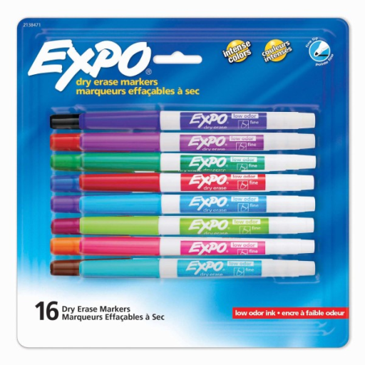 EXPO Dry Erase Markers, Low Odour Ink, Assorted Colours, Fine Tip, 16 Count