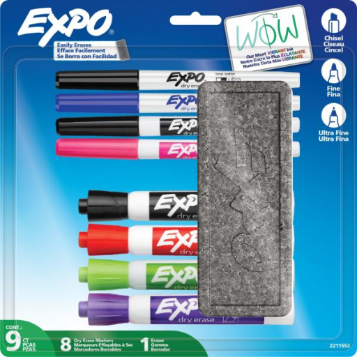 EXPO Dry Erase Markers Kit, Fine and Chisel Tip Markers, 8 Assorted Colours and Eraser