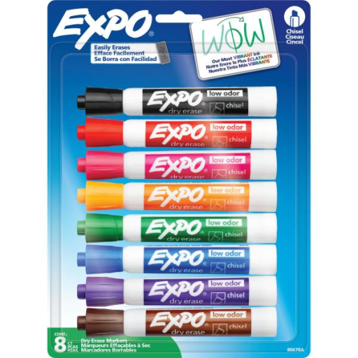 EXPO Dry Erase Markers, Low Odour Ink, Assorted Colours, Chisel Tip, 8 Count