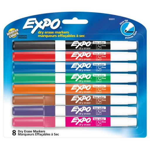 EXPO Dry Erase Markers, Low Odour Ink, Assorted Colours, Fine Tip, 8 Count