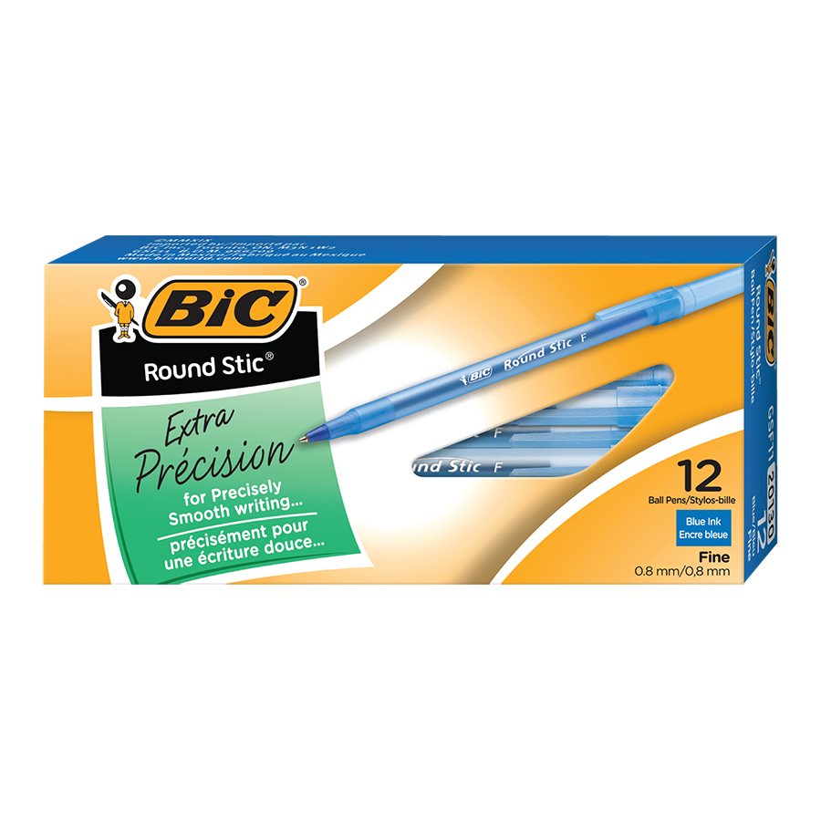 BIC Round Stic Extra Value Ballpoint Stick Pens - Fine Tip - 0.8mm - 12 Pack