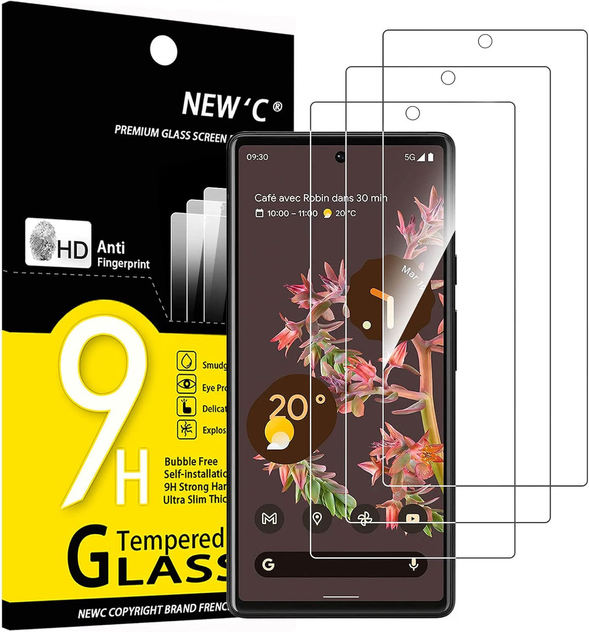 NEW'C for Google Pixel 6 Screen Protector Tempered Glass Bubble Free 3 Pack, HD Clear, Not compatible: Pixel 6A, 9H Hardness, Scratch Resistant, Bubble Free, Oleophobic