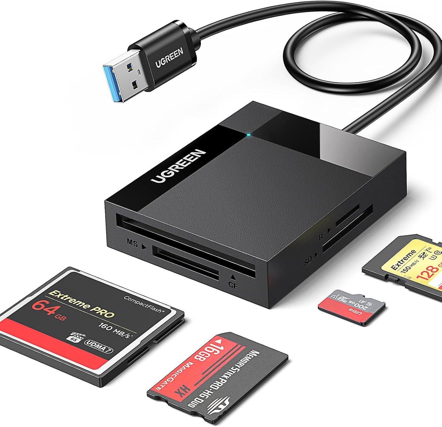 UGREEN SD Card Reader 4 in 1 USB 3.0 5Gbps Memory Card Adapter, Support Micro SD, MS, CF, UHS-I, SDHC, SDXC, MMC, MMC, Plug and Play on Windows macOS Linux Chrome