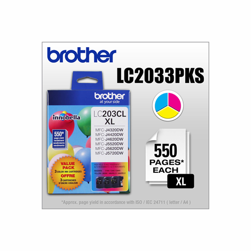 Brother LC2033PKS 3-Pack of Innobella Colour Ink Cartridges (1 each of Cyan, Magenta, Yellow), High Yield (XL Series)