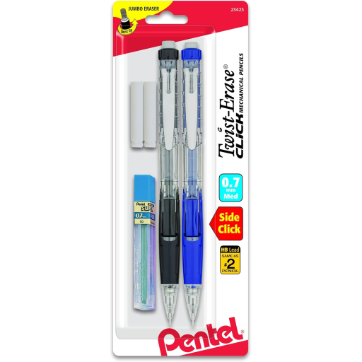 Twist-Erase Click Mechanical Pencil, (0.7mm) Clear Barrel, Assorted Grip Colours
with Leads and Erasers, 2PC Pack