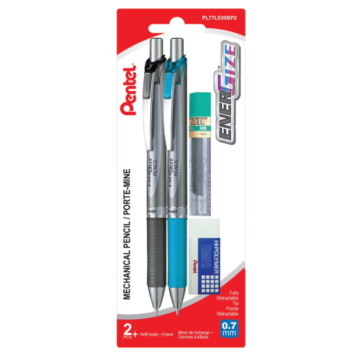 EnerGize Retractable Mechanical Pencil (0.7mm) 2PC Pack with 0.7mm Refill Lead and Eraser