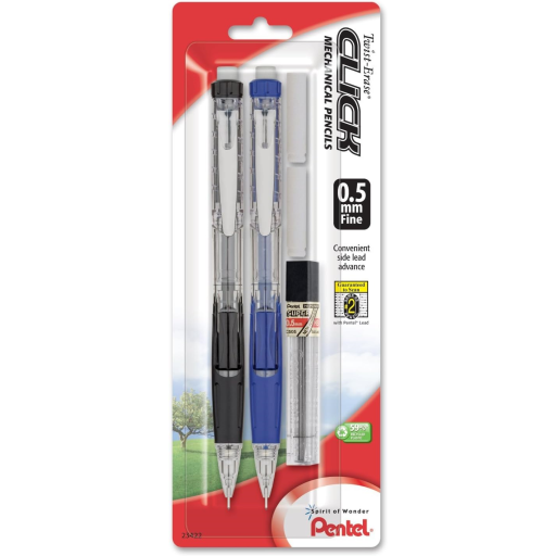 Twist-Erase Click Mechanical Pencil, (0.5mm) Clear Barrel, Assorted Grip Colours
with Leads and Erasers, 2PC Pack