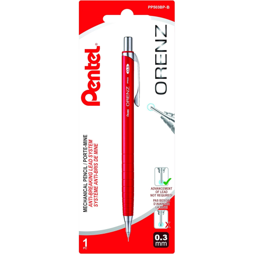 Orenz Retractable Mechanical Pencil (0.3mm) 1PC Pack, Red Barrel