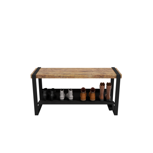 (CUSMA form attached)  Sturdy practical entryway bench / 43" wide / WHISKY wood stain / Black shelf & frame / Store 3 pairs / Rakabot Moderno