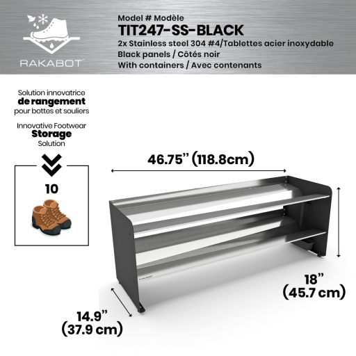 (CUSMA form attached) Commercial rustproof shoe and boot rack / 2 Tier / Shelf 46.25" stainless / Mate black  / Levelers / Store 10 pairs / Rakabot Titan