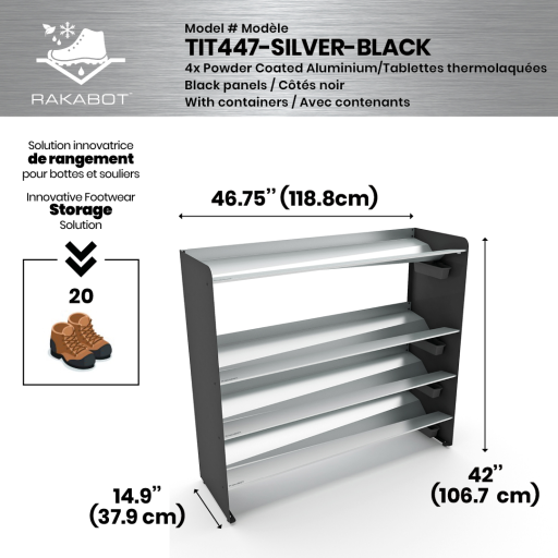 Commercial rustproof shoe and boot rack / 4 Tier / Shelf 46.25" GREY Coated / Mate black  panels / Store 20 pairs / Rakabot Titan