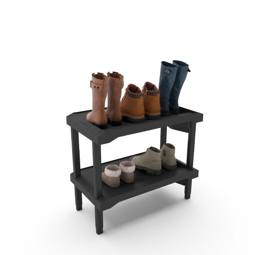(CUSMA form attached) Rakabot Plastico 2 tier affordable water and mud collecting shoe and boot rack that stores 4 pairs. Stackable to 6 tier. Sturdy plastic easy to clean. Dark grey anthracite color. Made In Canada Invention.