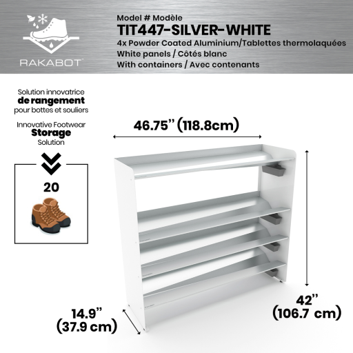 (CUSMA form attached) Commercial rustproof shoe and boot rack / 4 Tier / Shelf 46.25" GREY Coated / Pure white panels / Store 20 pairs / Rakabot Titan