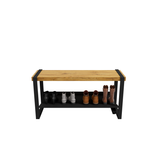 (CUSMA form attached) Sturdy practical entryway bench / 43" wide / HONEY wood stain / Black shelf & frame / Store 3 pairs / Rakabot Moderno