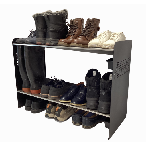 (CUSMA form attached) Rakabot Signature 2 tier chic and classy water and mud collecting shoe and boot rack that stores 7 pairs.  Stainless steel shelves. Powder coated mate black side panels. For a perfect entrance all year long. Made In Canada Invention.