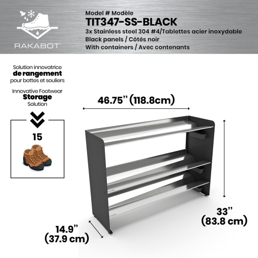 (CUSMA form attached) Commercial rustproof shoe and boot rack / 3 Tier / Shelf 46.25" stainless / Mate black  / Store 15 pairs / Rakabot Titan