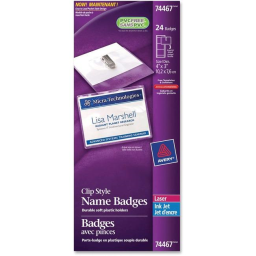 74467 NAME BADGE KIT, CLIP STYLE, GARMENT FRIENDLY, 4" X 3",
