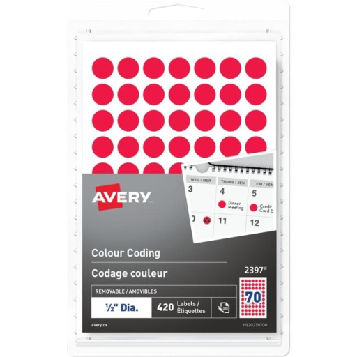 Hand Write Colour Coding Labels 1/2" Round, Removable, Red, 420 / pkg