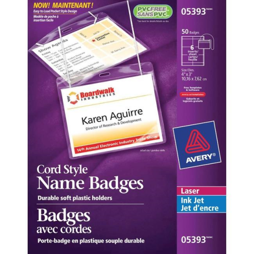 NAME BADGE KIT, CONVENTION STYLE WITH CORD 4" X 3", 6/S