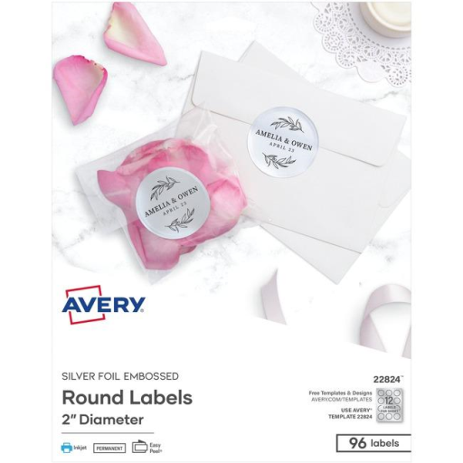 22824 SILVER FOIL EMBOSSED ROUND LABELS, 2" DIAMETER, 8 SHTS