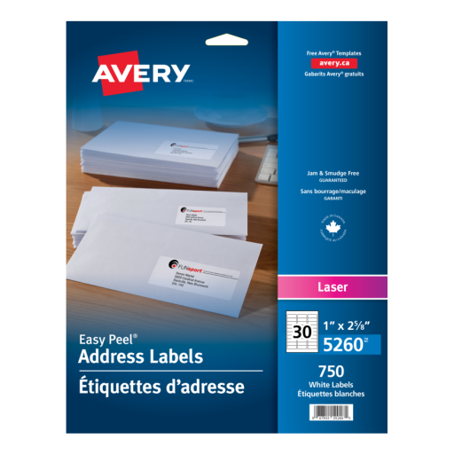5260 WHITE, EASY PEEL, 2 5/8" X 1", PERMANENT,  25 SHEETS/EN