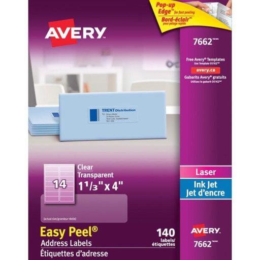 7662 CLEAR EASY PEEL, 4" X 1 1/3", PERMANENT, 10 SHEETS/ENV.