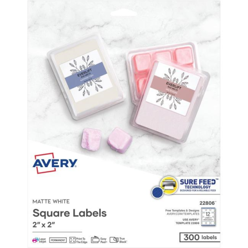 22806 PRINTTOTHEEDGE SQUARE LABELS, 2" X 2" , 25 SHTS/ENV