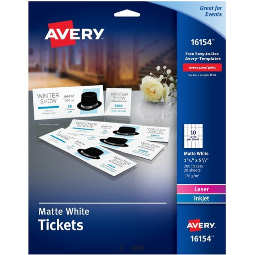 16154 TICKETS WITH TEARAWAY STUBS, WHITE, UNCOATED, 1 3/4"